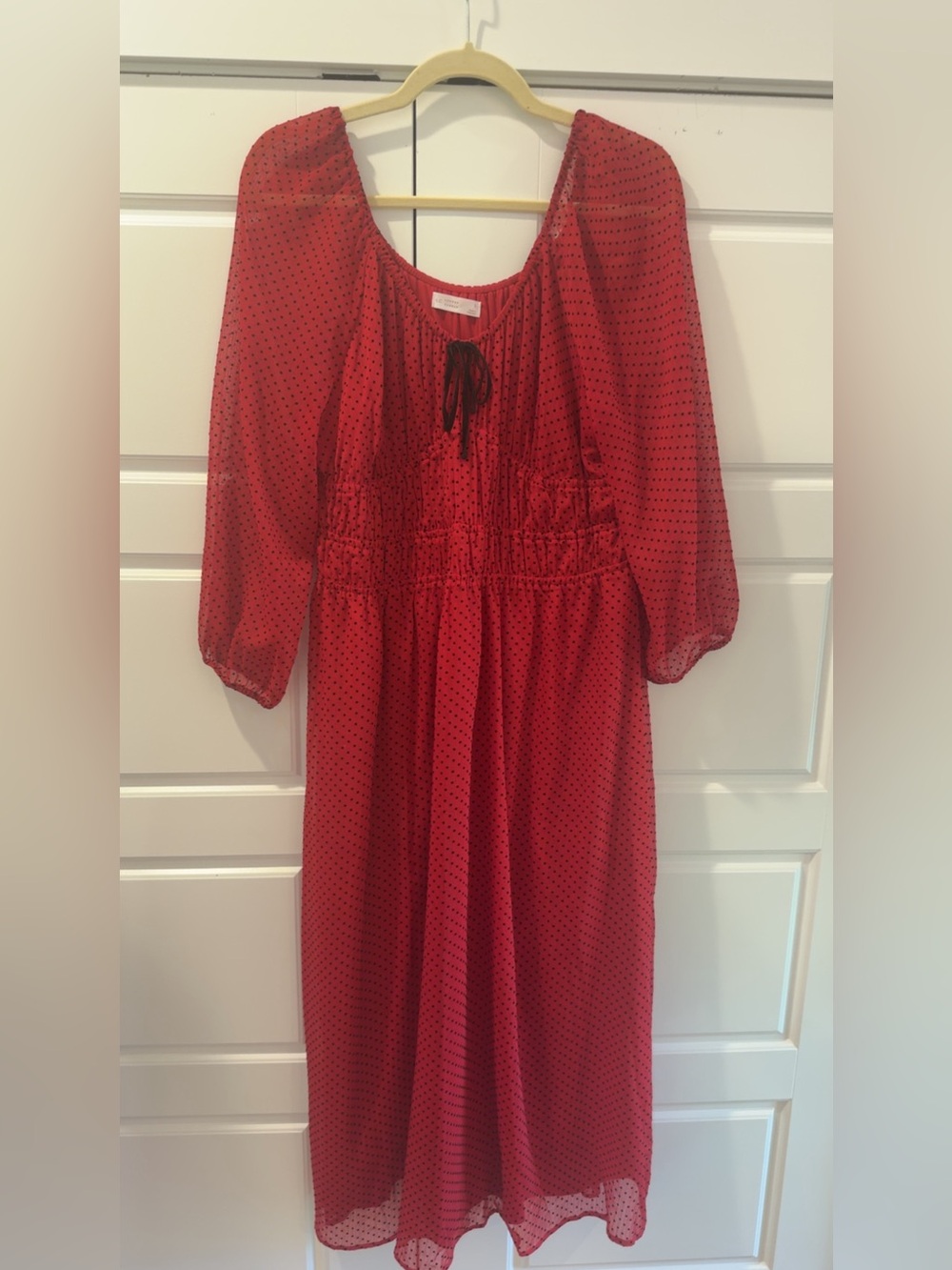 Lauren Conrad Red Polka Dot Midi Dress with Tie Neck